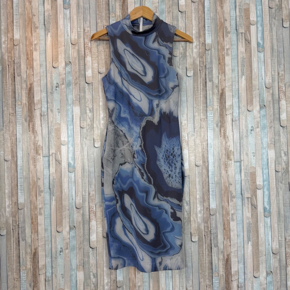 C/meo‎ Collective Blue Agate Marble Print High Neck Midi Dress Bodycon Pencil M